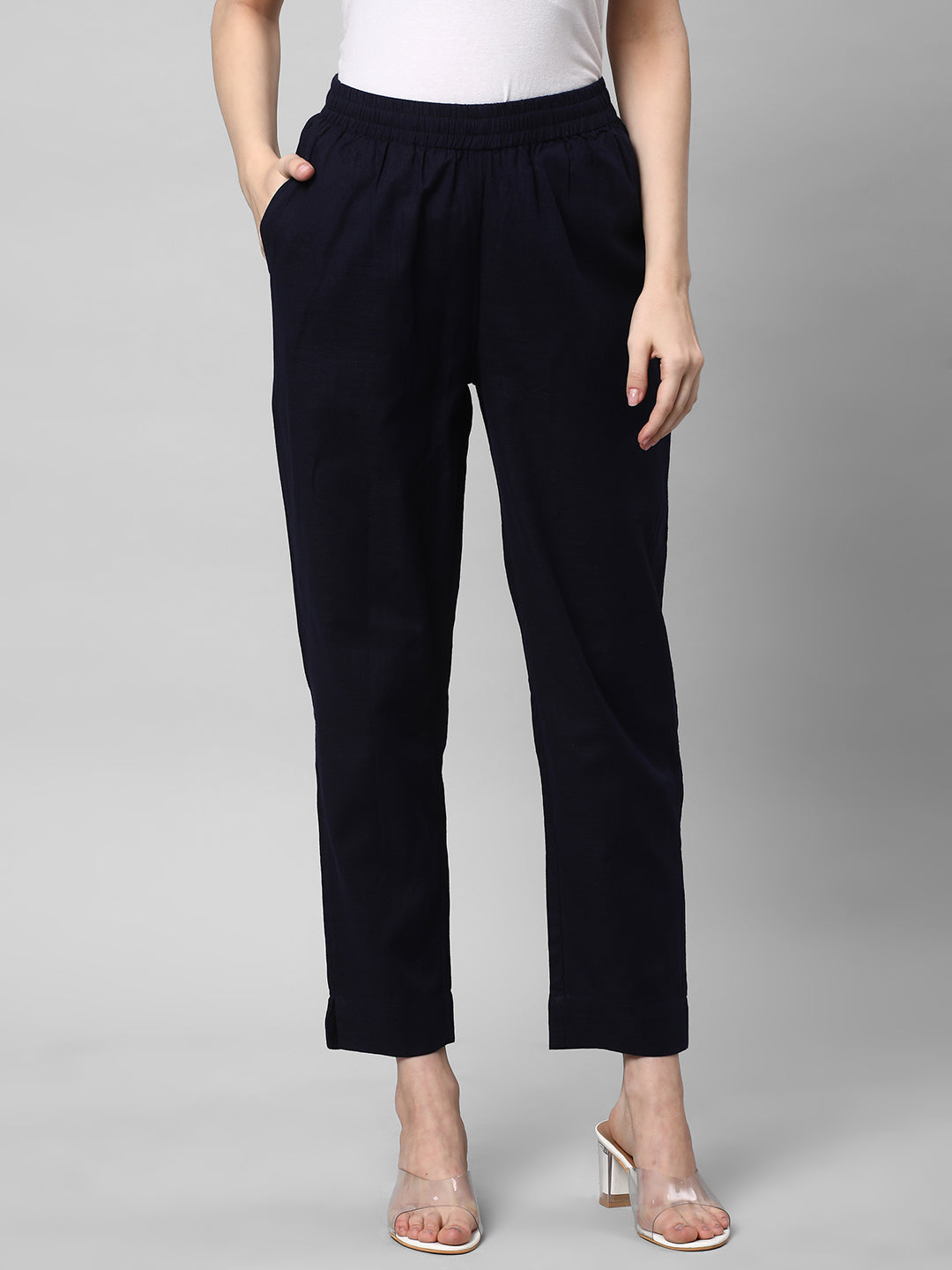 A fully elasticated Navy ankle length cotton linen pant