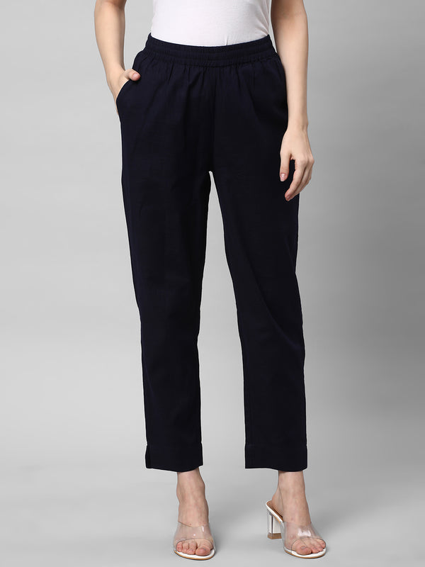 A fully elasticated Navy ankle length cotton linen pant.