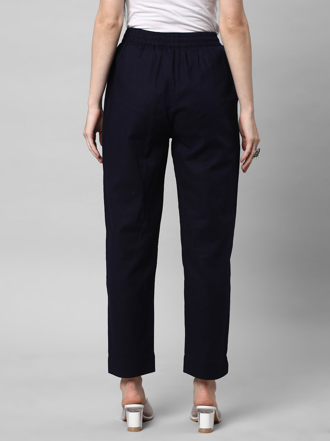 A fully elasticated Navy ankle length cotton linen pant