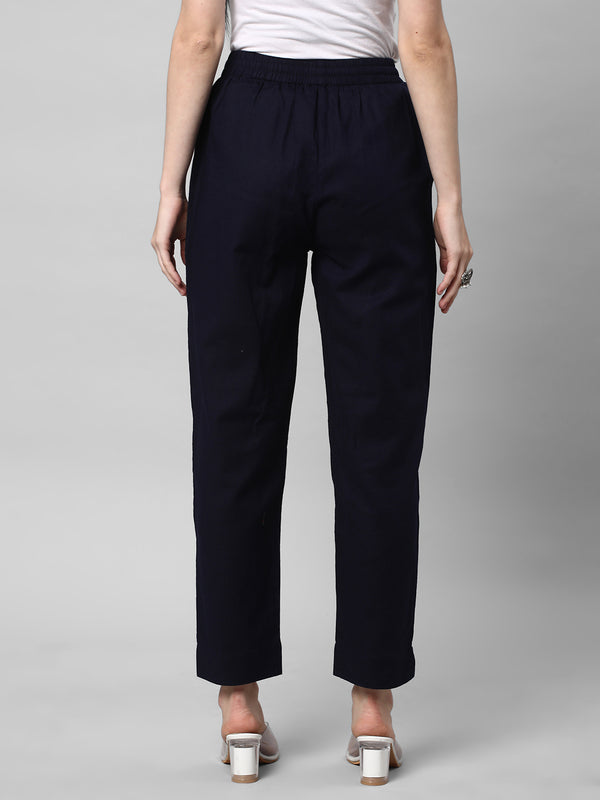 A fully elasticated Navy ankle length cotton linen pant.