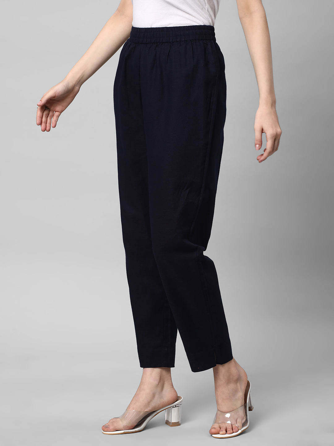 A fully elasticated Navy ankle length cotton linen pant