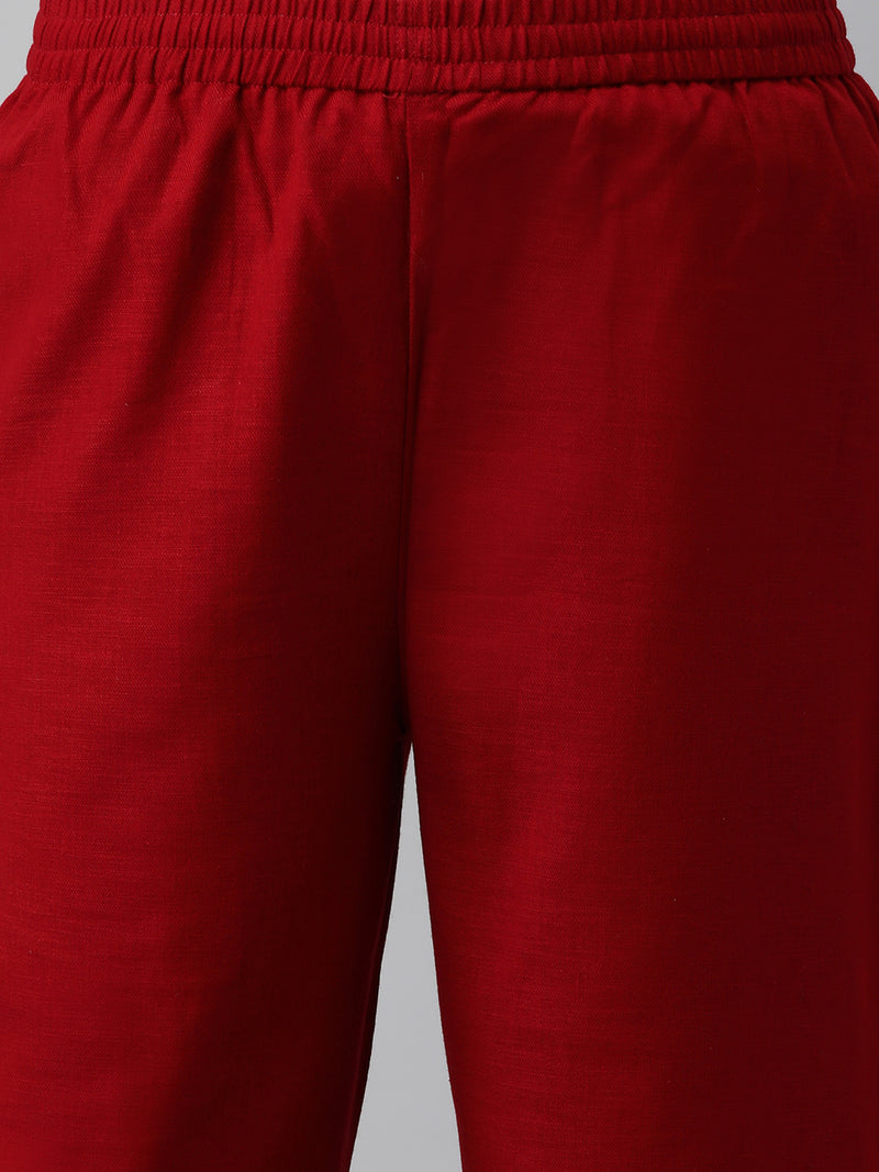 A fully elasticated maroon ankle length cotton linen pant.