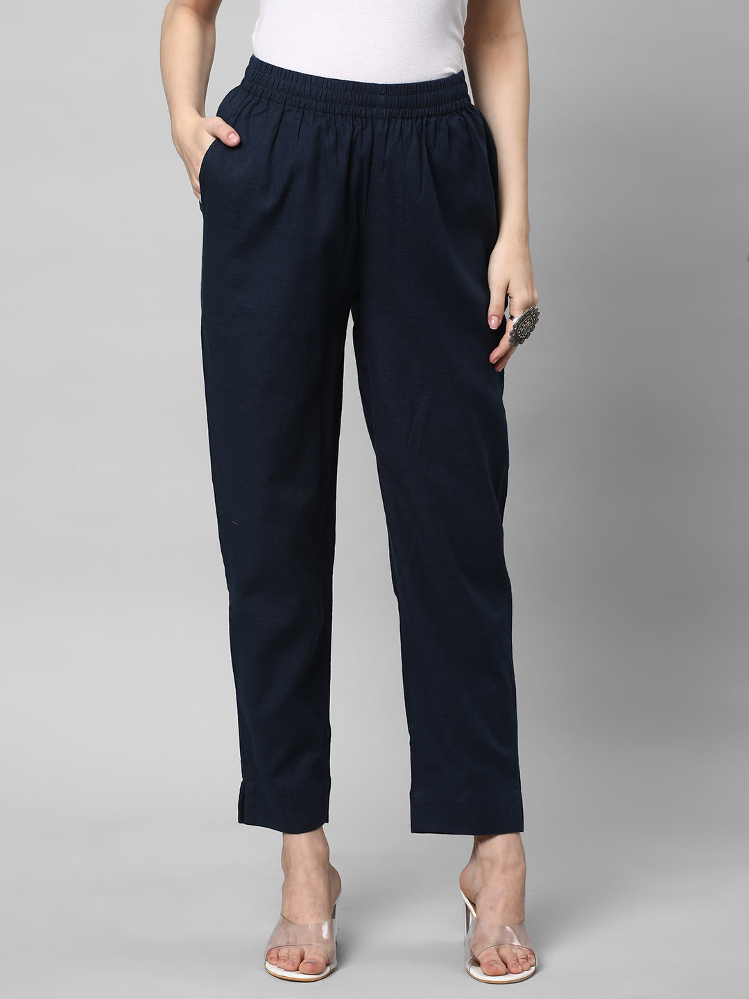 A fully elasticated blue ankle length cotton linen pant