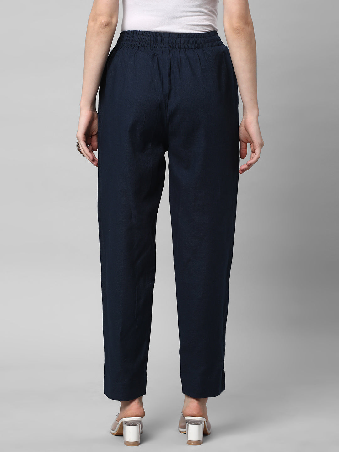 A fully elasticated blue ankle length cotton linen pant