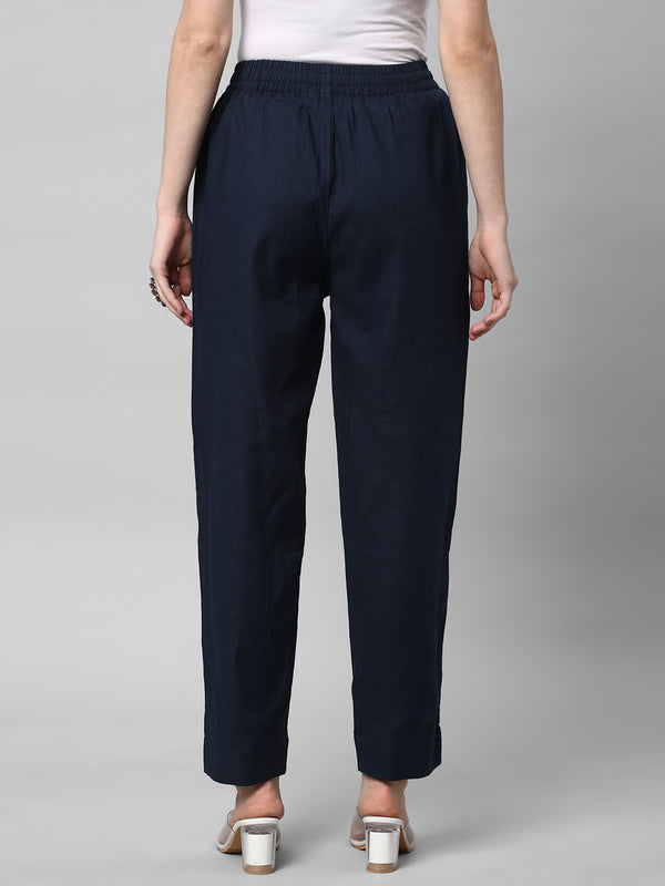 A fully elasticated blue ankle length cotton linen pant.