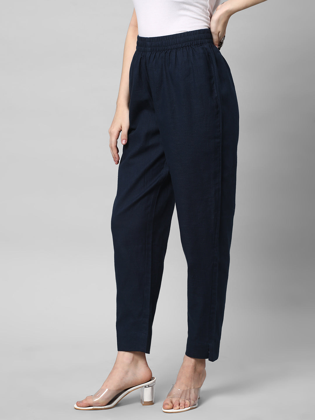 A fully elasticated blue ankle length cotton linen pant