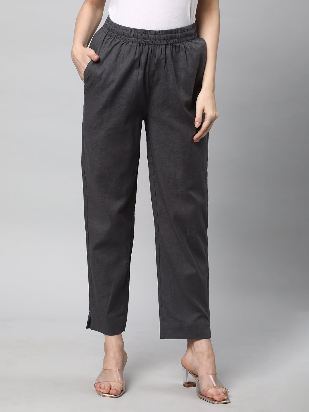 A fully elasticated grey ankle length cotton linen pant
