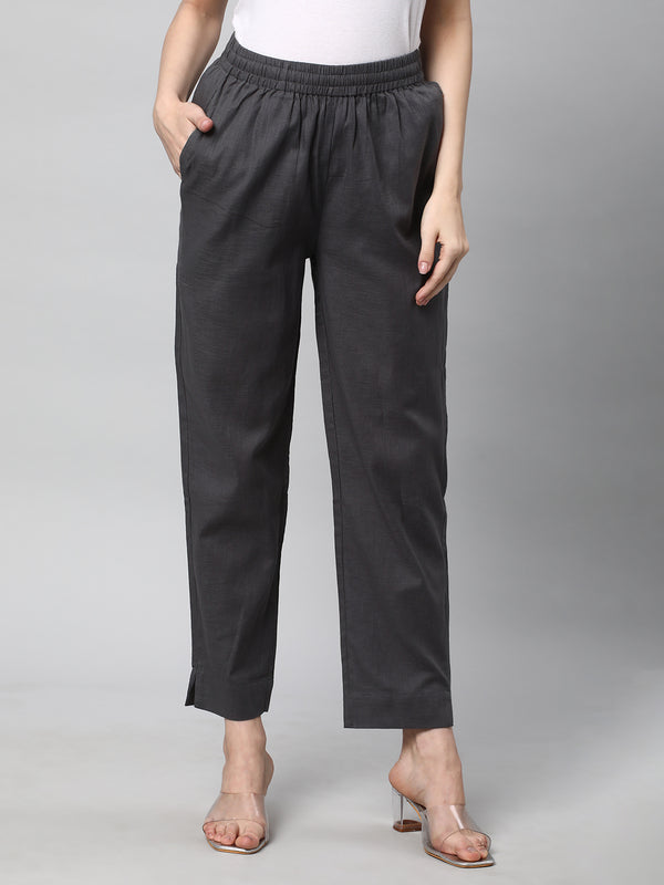A fully elasticated grey ankle length cotton linen pant.