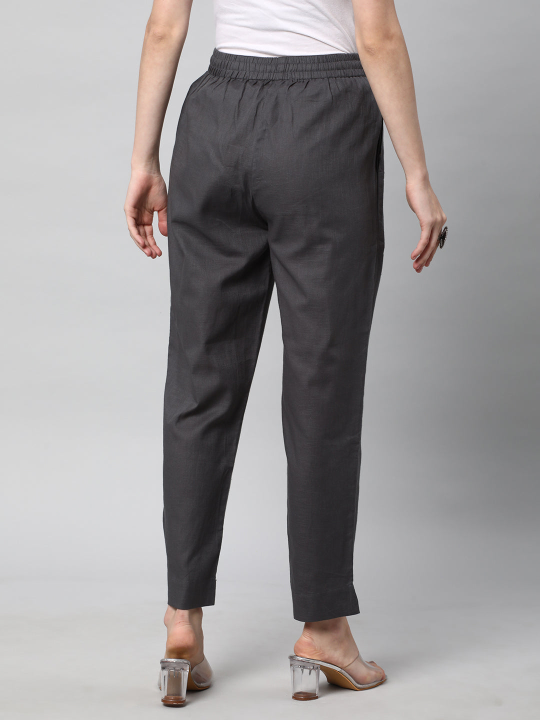 A fully elasticated grey ankle length cotton linen pant
