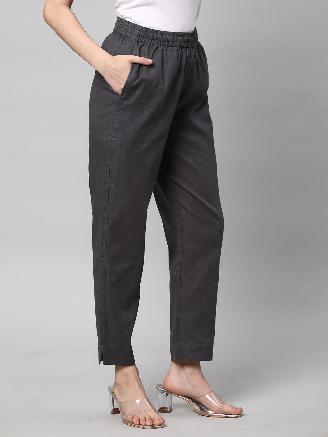 A fully elasticated grey ankle length cotton linen pant