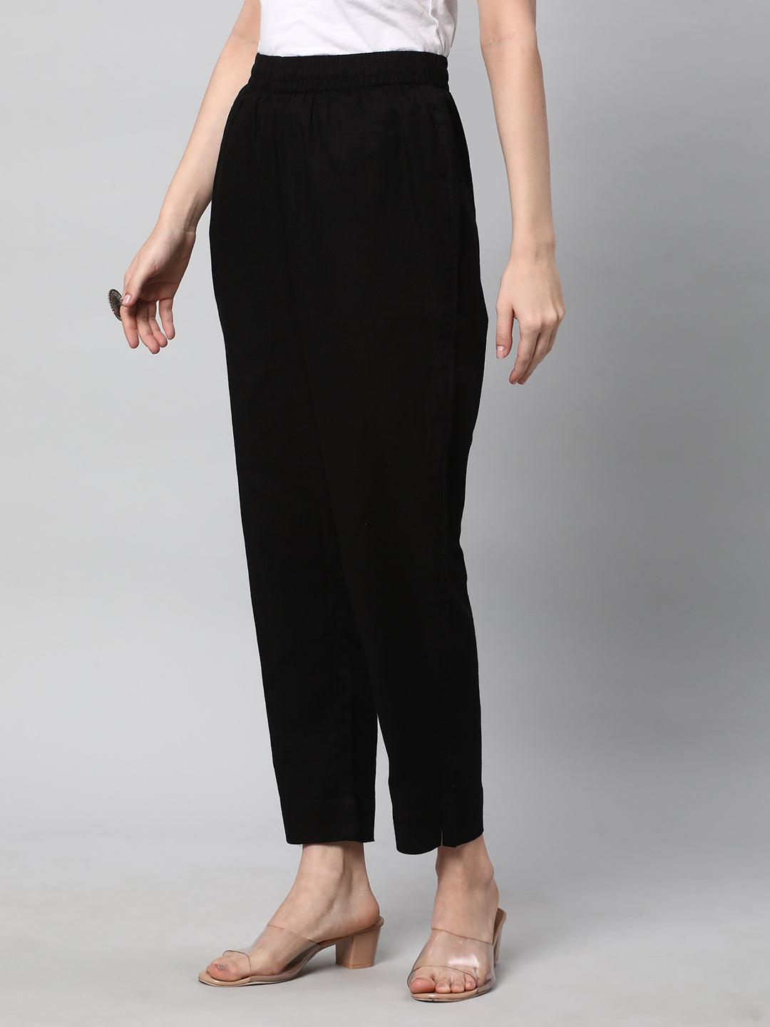 A fully elasticated black ankle length cotton linen pant