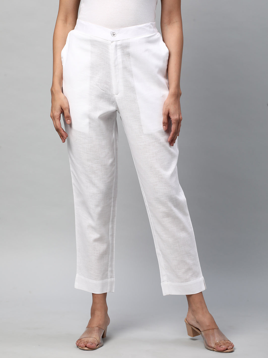 A White ankle length coton linen pant with plain belt in front