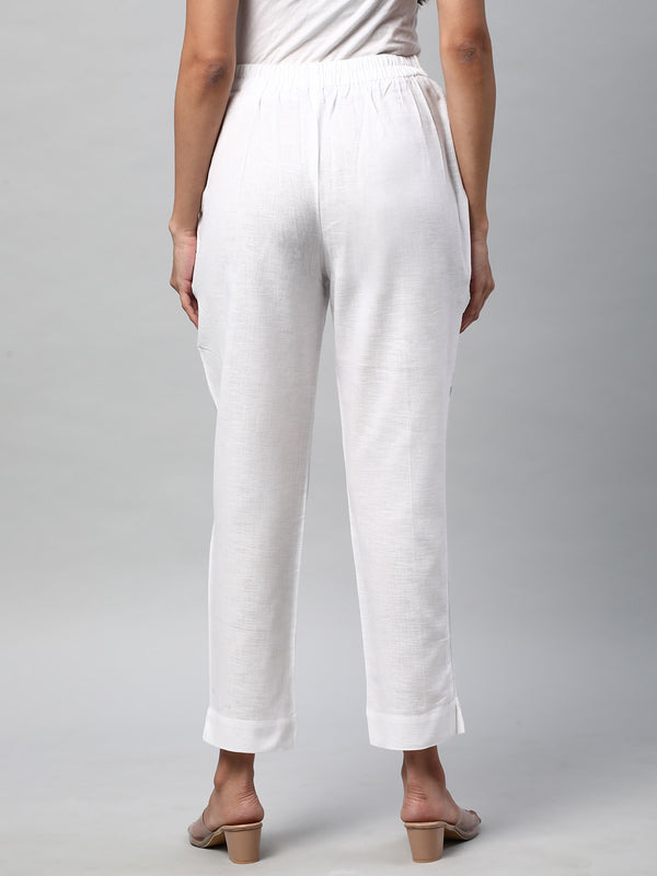 A White ankle length coton linen pant with plain belt in front