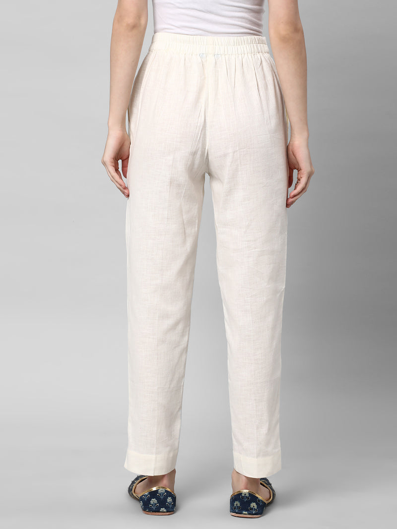 A Off-white ankle length cotton linen pant with plain belt in front.