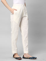 A Off-white ankle length cotton linen pant with plain belt in front.