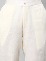 A Off-white ankle length cotton linen pant with plain belt in front.