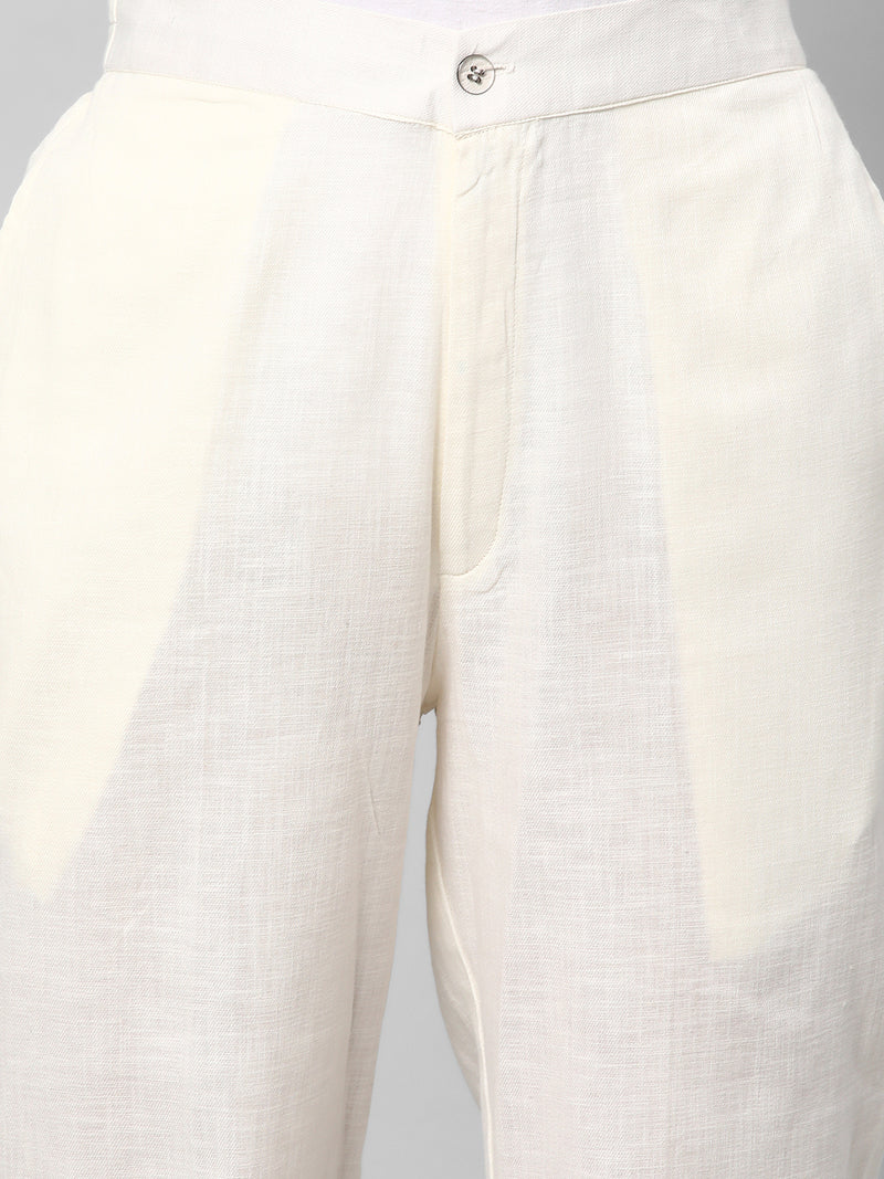 A Off-white ankle length cotton linen pant with plain belt in front.