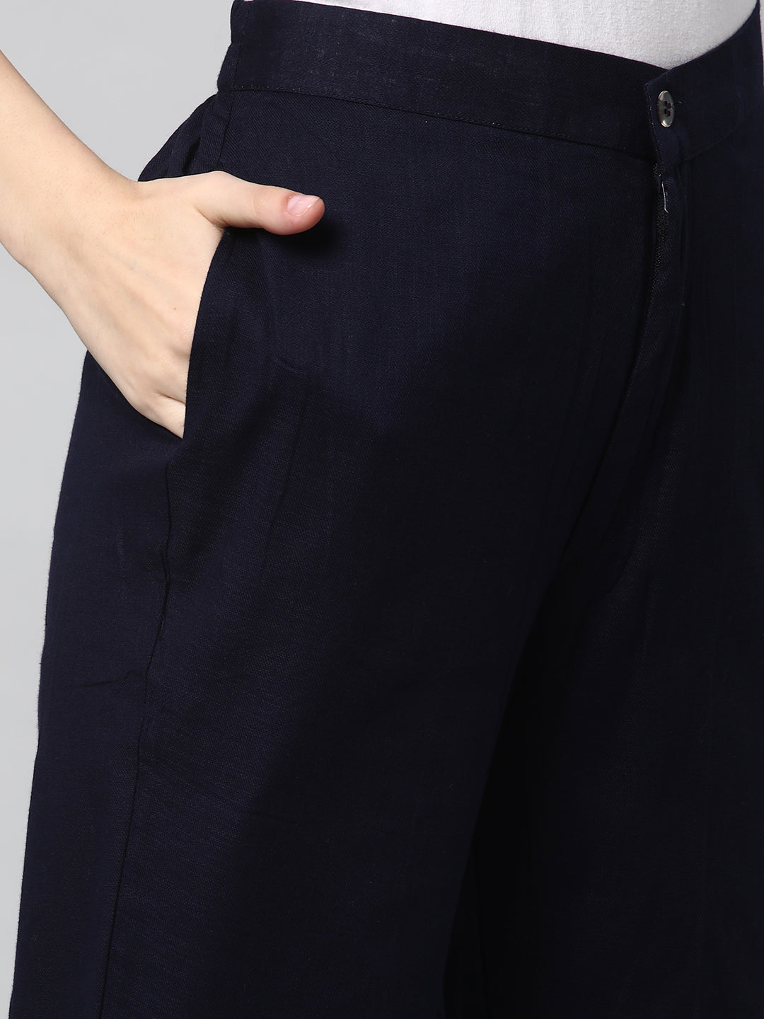 A Navy ankle length cotton linen pant with plain belt in front