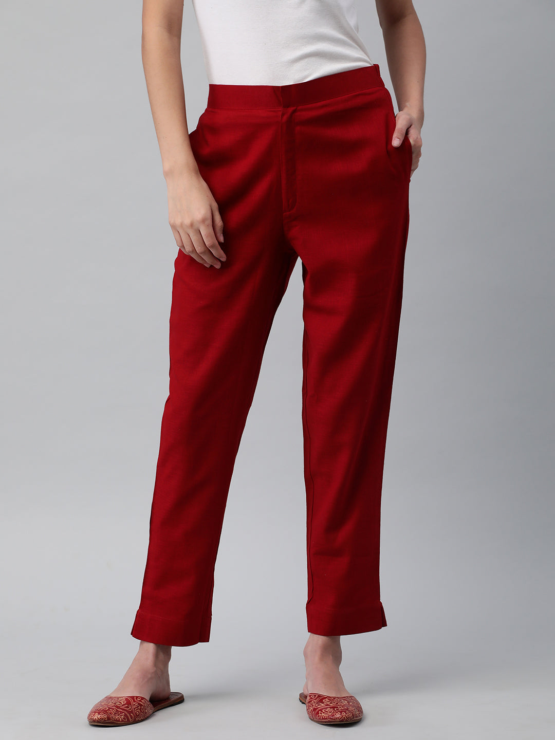 A Maroon ankle length cotton linen pant with plain belt in front