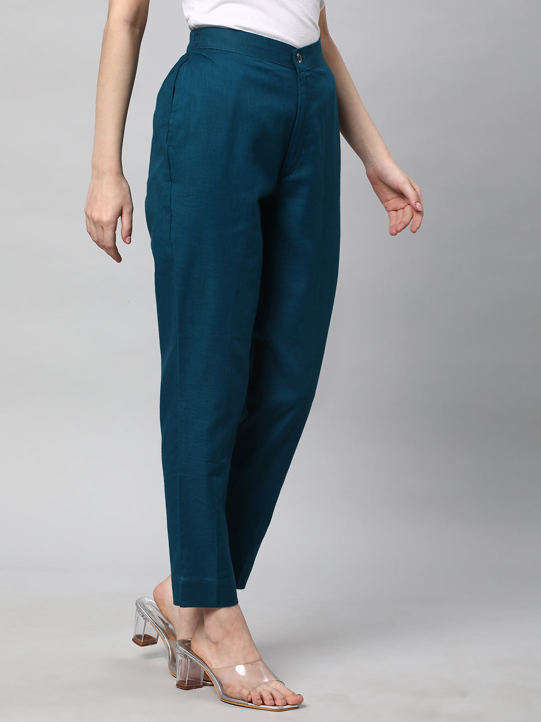 A Teal ankle length cotton linen pant with plain belt in front