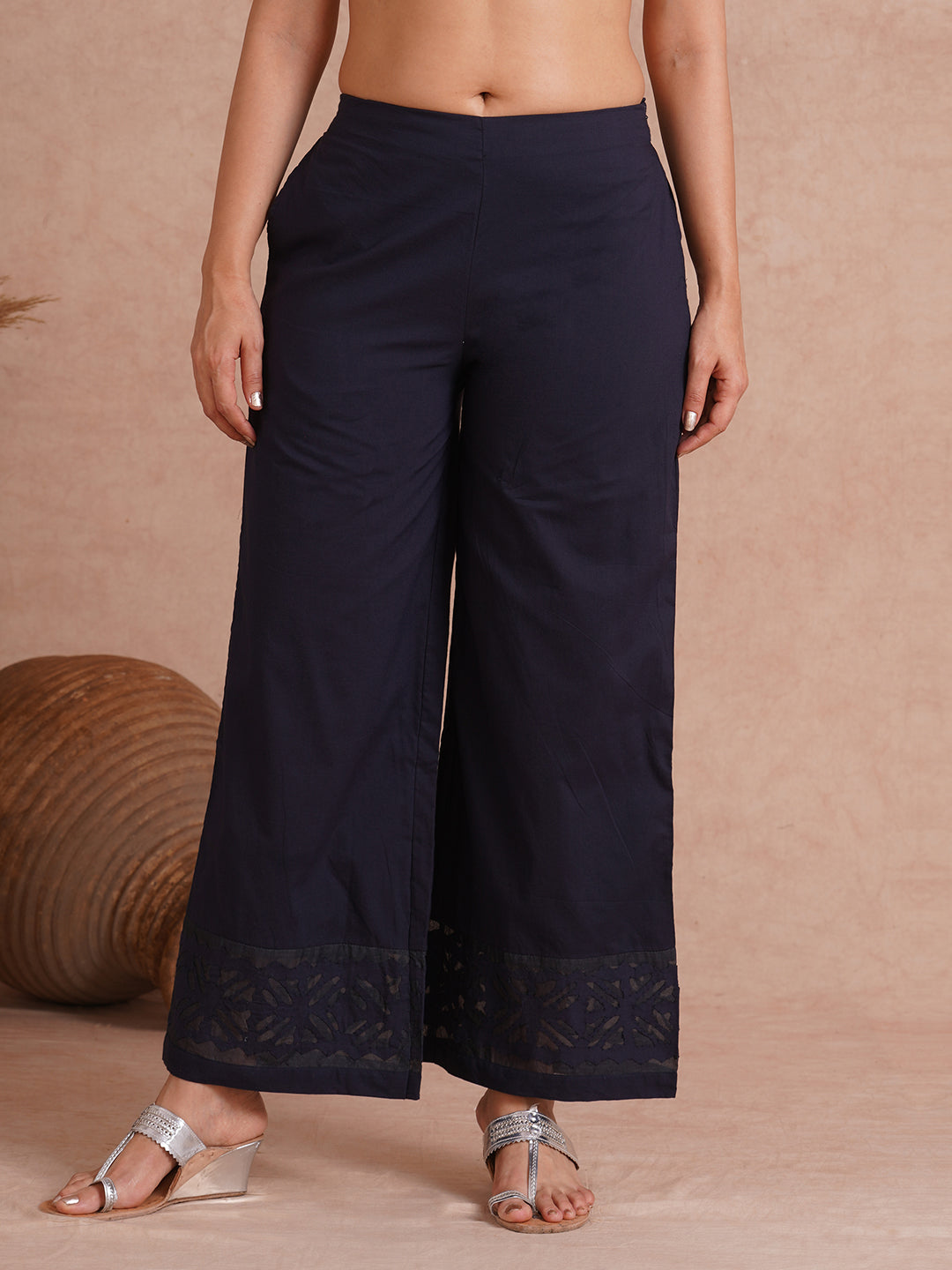 Flared cotton palazzo with applique detailing in hem(Navy Blue).