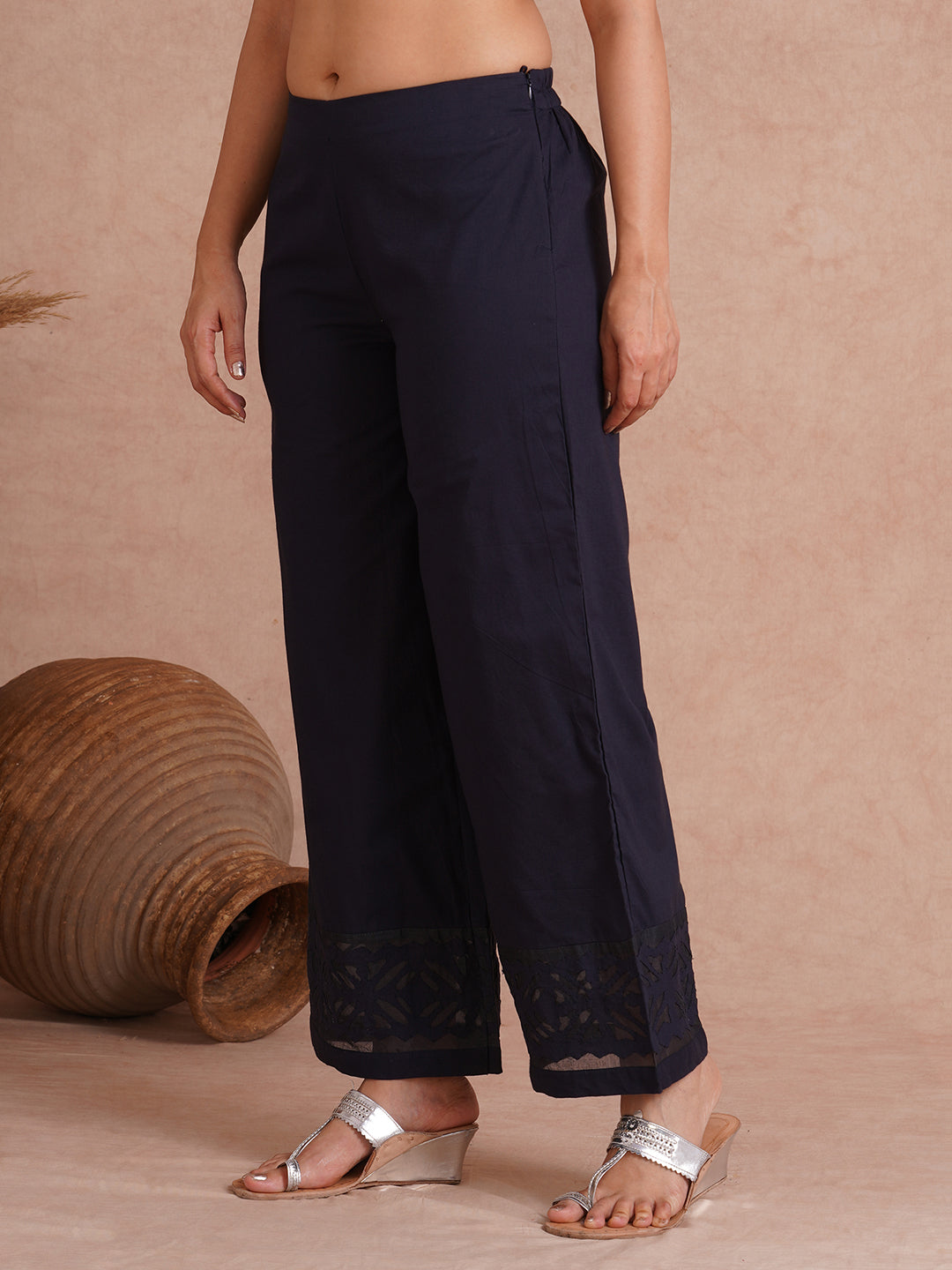 Flared cotton palazzo with applique detailing in hem(Navy Blue).
