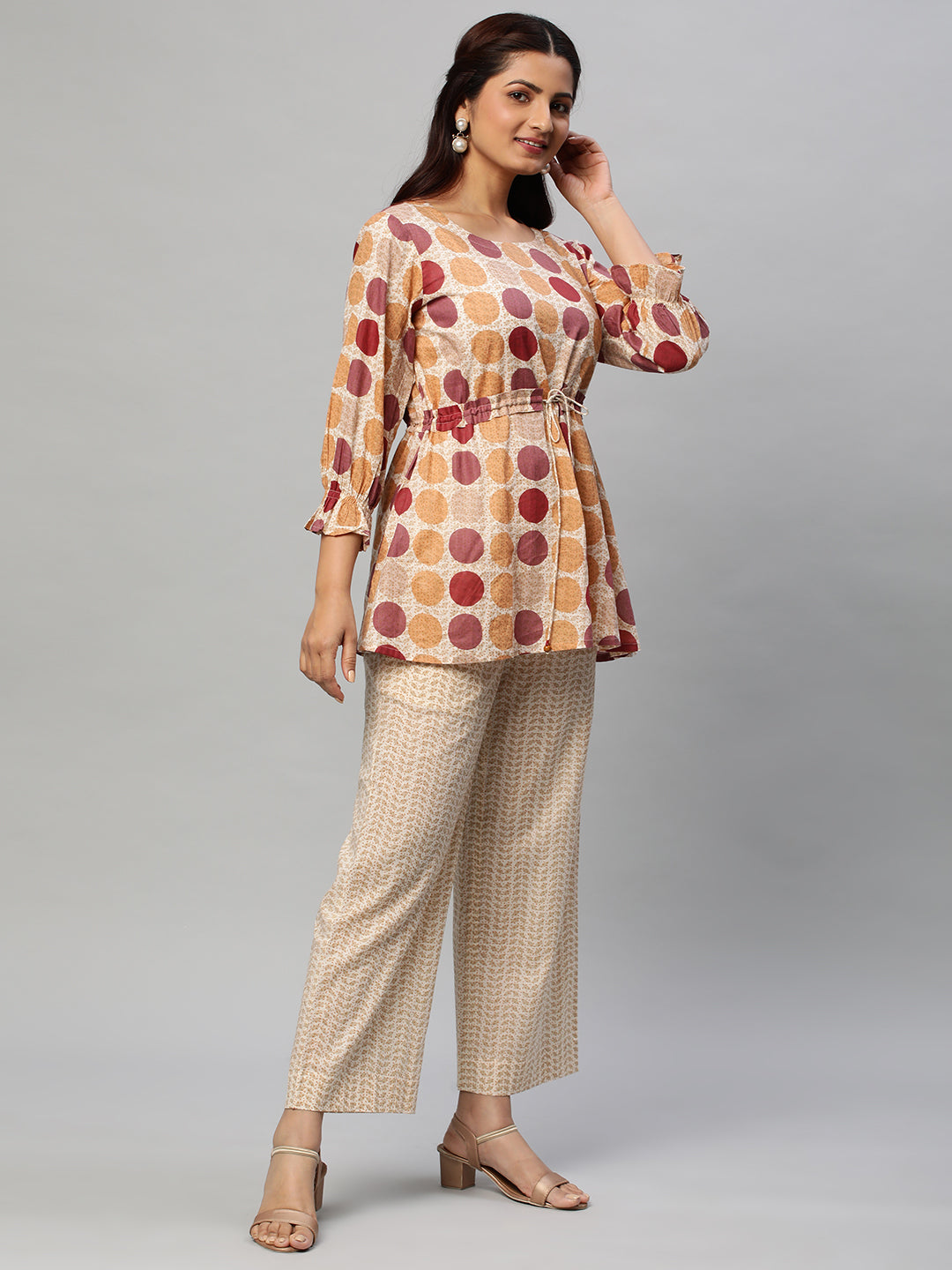 A printed co-Ord with the scrunching detail at waist