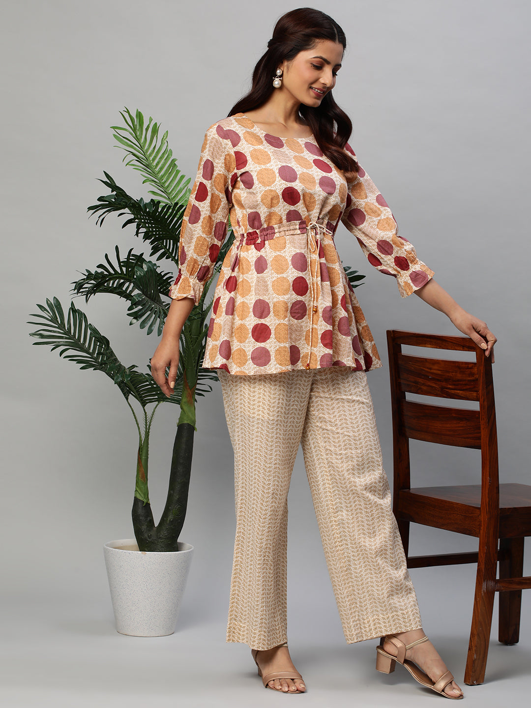 A printed co-Ord with the scrunching detail at waist