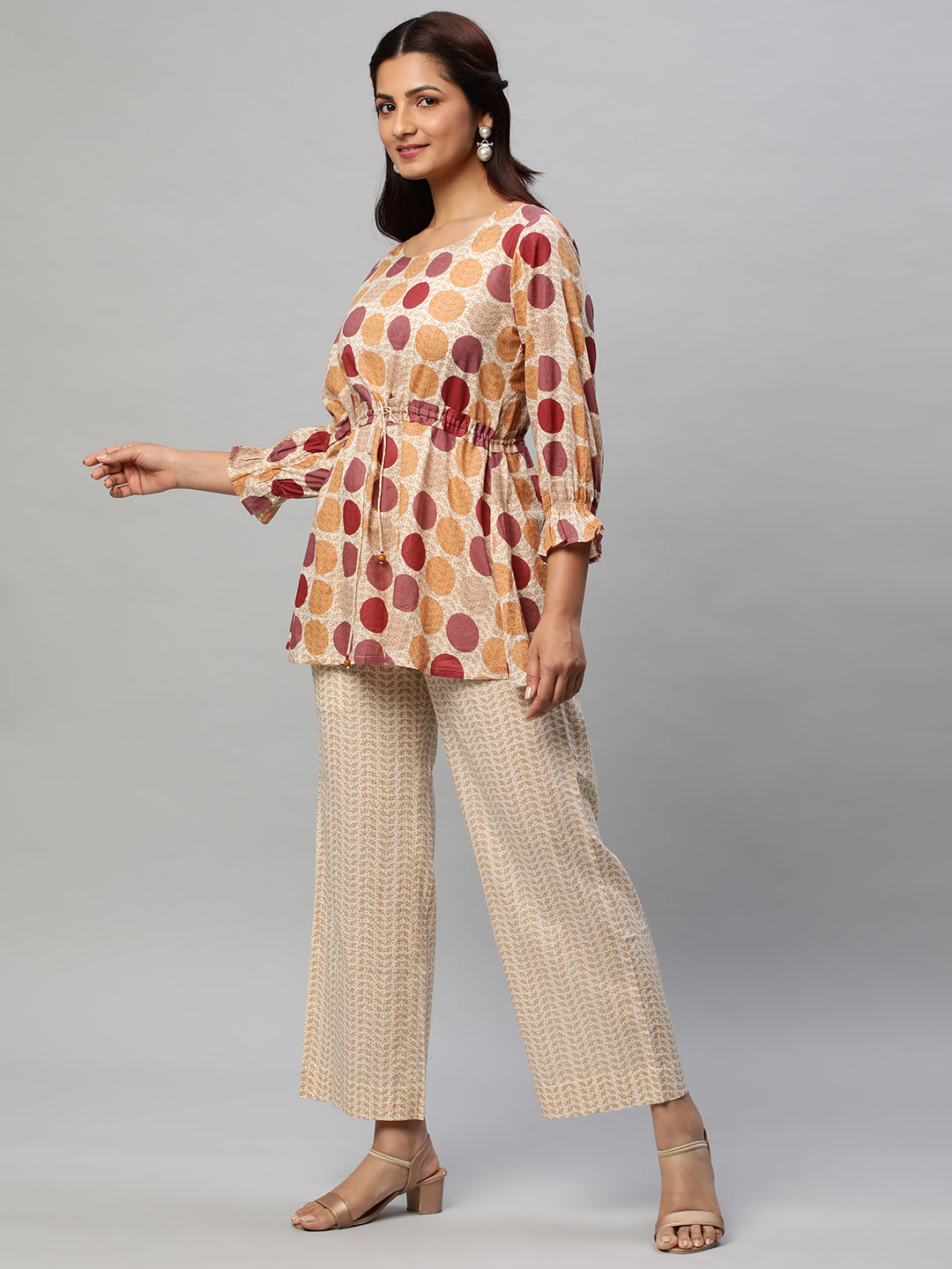 A printed co-Ord with the scrunching detail at waist