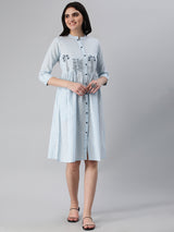 Flared cotton stripe dress with block printed motifs on empire cut