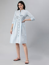 Flared cotton stripe dress with block printed motifs on empire cut