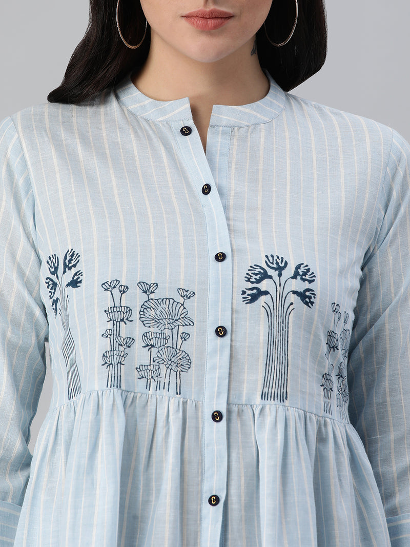 Flared cotton stripe dress with block printed motifs on empire cut