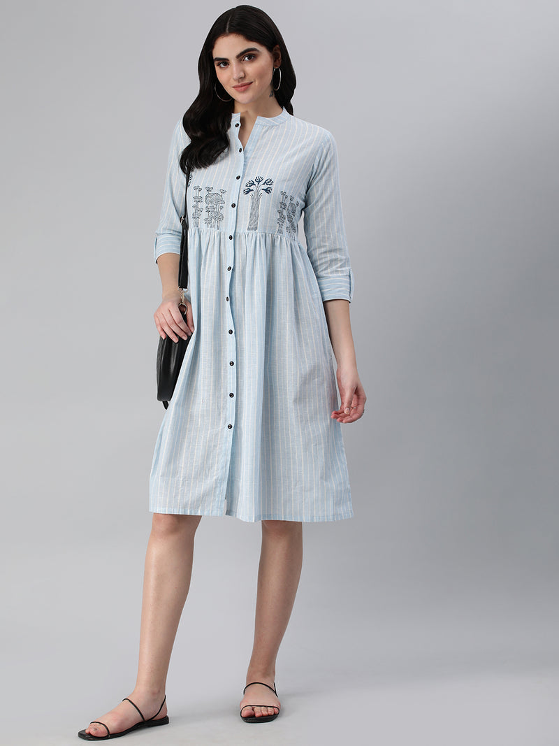 Flared cotton stripe dress with block printed motifs on empire cut