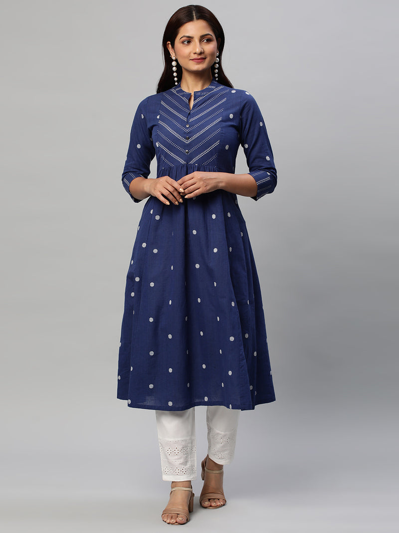 Leher - Flared cotton dobby kurta with gathering details.