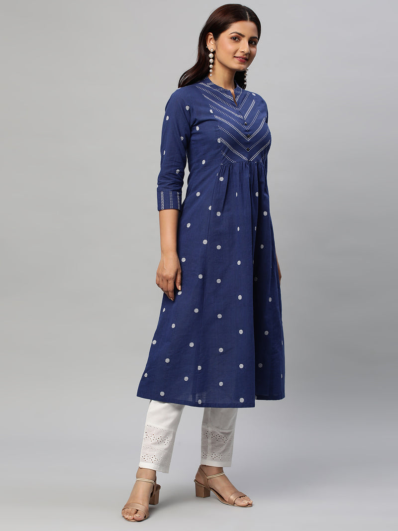 Leher - Flared cotton dobby kurta with gathering details.