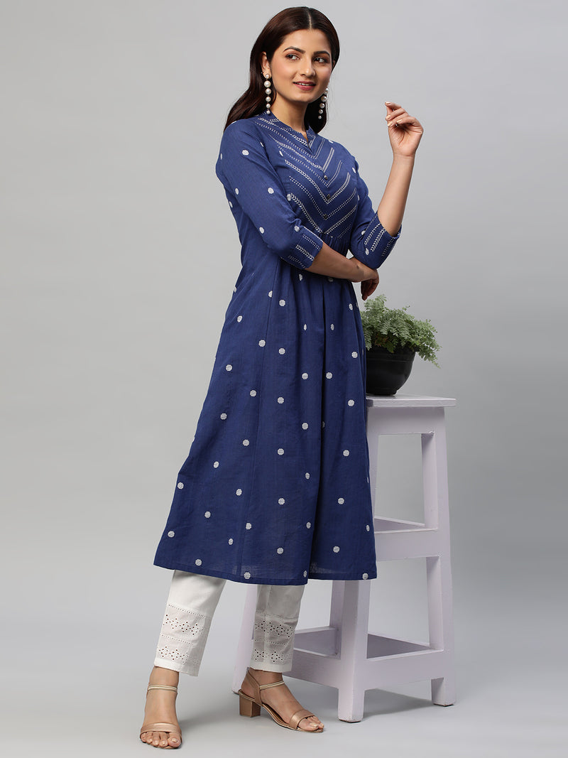 Leher - Flared cotton dobby kurta with gathering details.