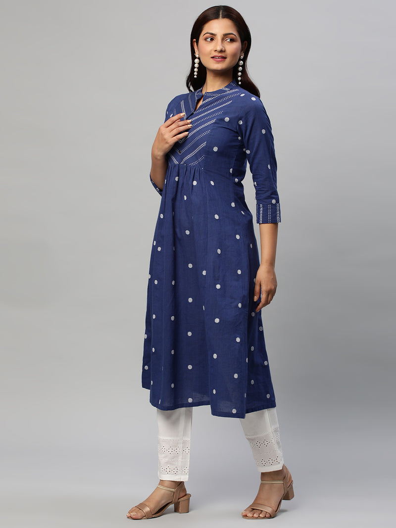 Leher - Flared cotton dobby kurta with gathering details.