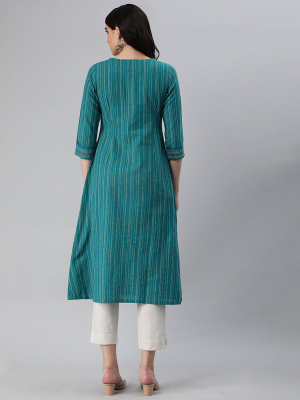 Leher - Woven A line kurta with an embroidered placket a three fourth sleeve.