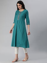 Leher - Woven A line kurta with an embroidered placket a three fourth sleeve.