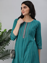 Leher - Woven A line kurta with an embroidered placket a three fourth sleeve.