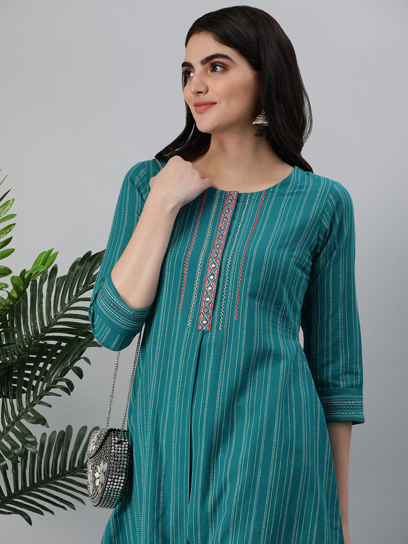 Leher - Woven A line kurta with an embroidered placket a three fourth sleeve.