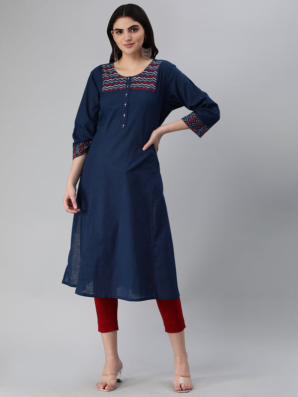 Khoobsurat - A line cotton kurta with embroidered yoke and gamthi print cuff.