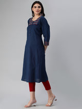 Khoobsurat - A line cotton kurta with embroidered yoke and gamthi print cuff.