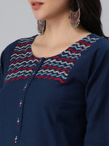 Khoobsurat - A line cotton kurta with embroidered yoke and gamthi print cuff.