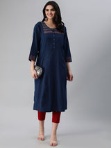 Khoobsurat - A line cotton kurta with embroidered yoke and gamthi print cuff.