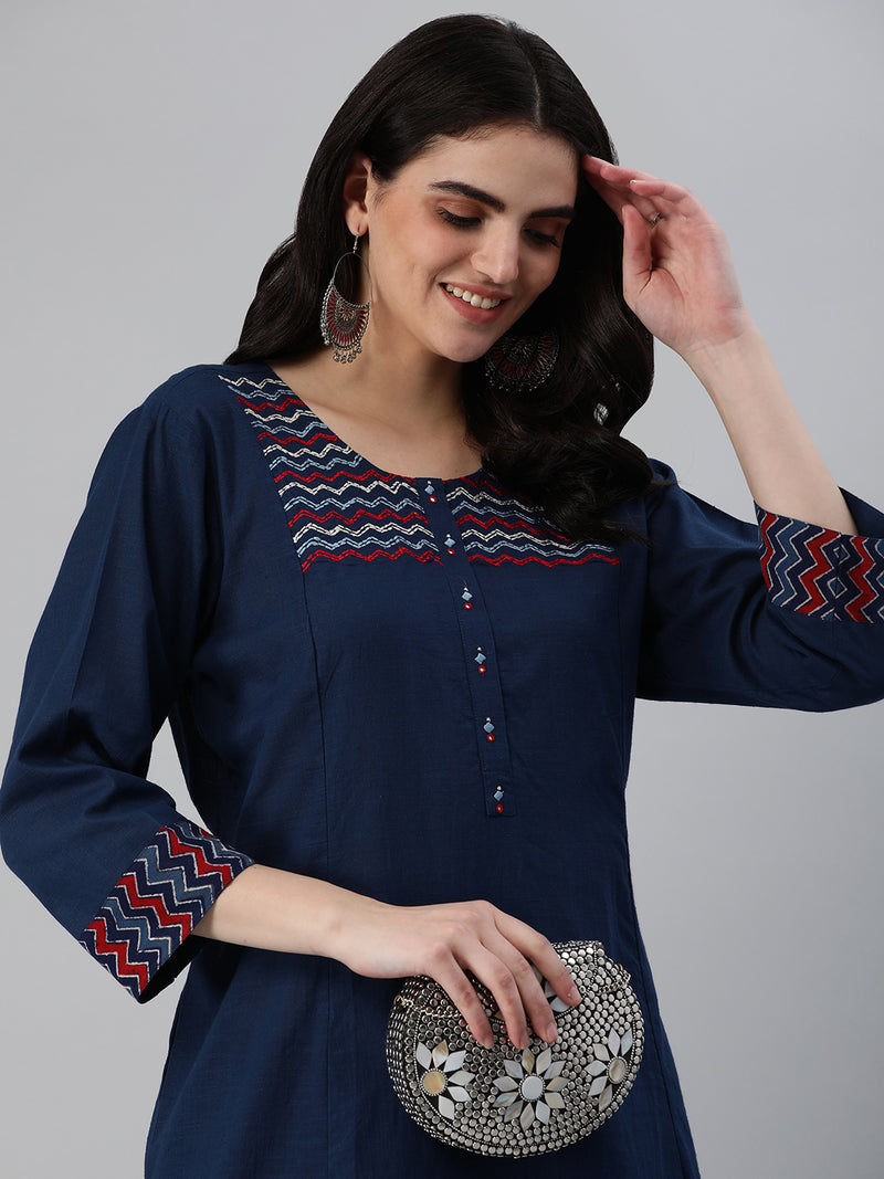 Khoobsurat - A line cotton kurta with embroidered yoke and gamthi print cuff.