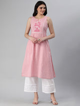 Flared stripe cotton kurta with block printed yoke and handwork.