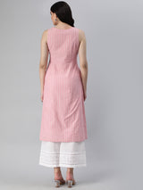 Flared stripe cotton kurta with block printed yoke and handwork.