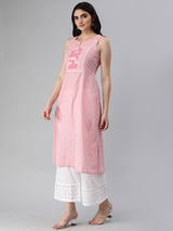 Flared stripe cotton kurta with block printed yoke and handwork.