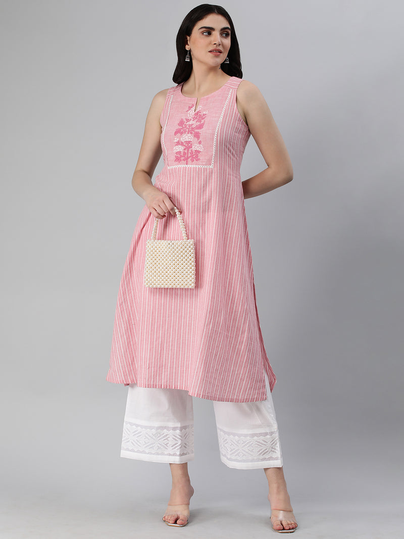 Flared stripe cotton kurta with block printed yoke and handwork.